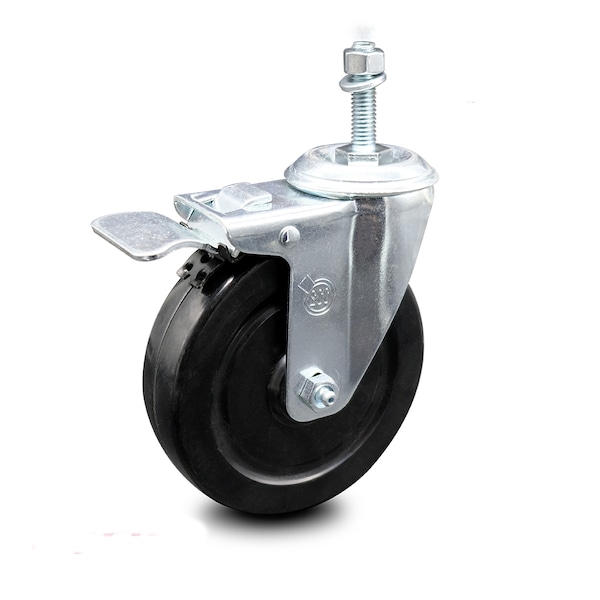 5 Inch Hard Rubber Wheel Swivel 3/8 Inch Threaded Stem Caster Total Lock Brake